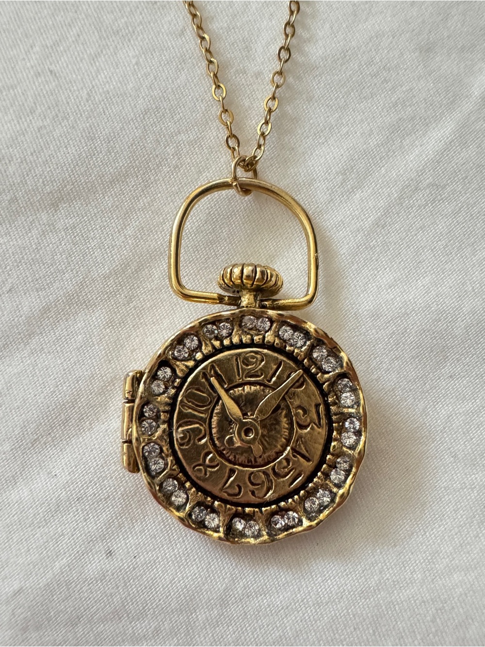 Gold Tone Crystal Pocket Watch Pendant Necklace - Women Jewelry